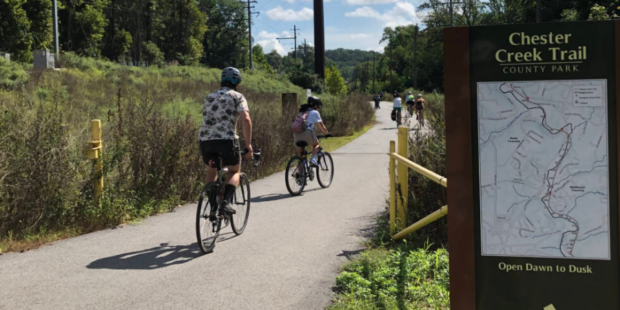 People riding bikes along the Chester Creek Trail next to a trail marker with a map that reads "Chester Creek Trail County Park."