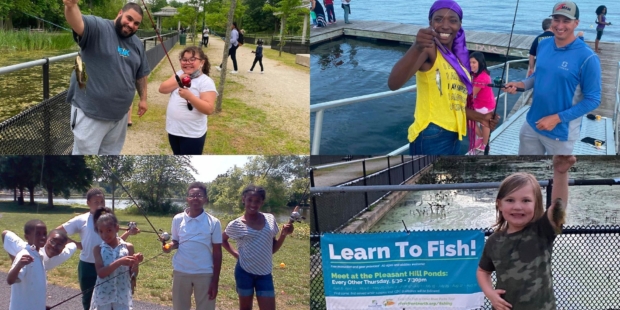 Four photos in a collage showing children and adults smiling while fishing.